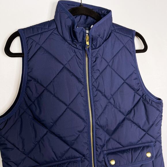 J Crew Womens Small Navy Blue Puffer Vest Quilted With Snap Pockets Gold Zipper - Picture 3 of 10